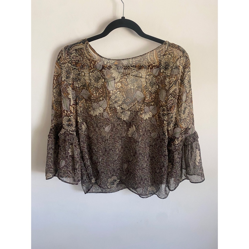 Zara Basic Floral Paisley Sheer Bell‎ Sleeve Blouse Brown Strappy Open Back S